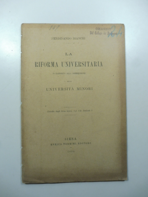 La riforma universitaria in rapporto alla soppressione delle Università minori